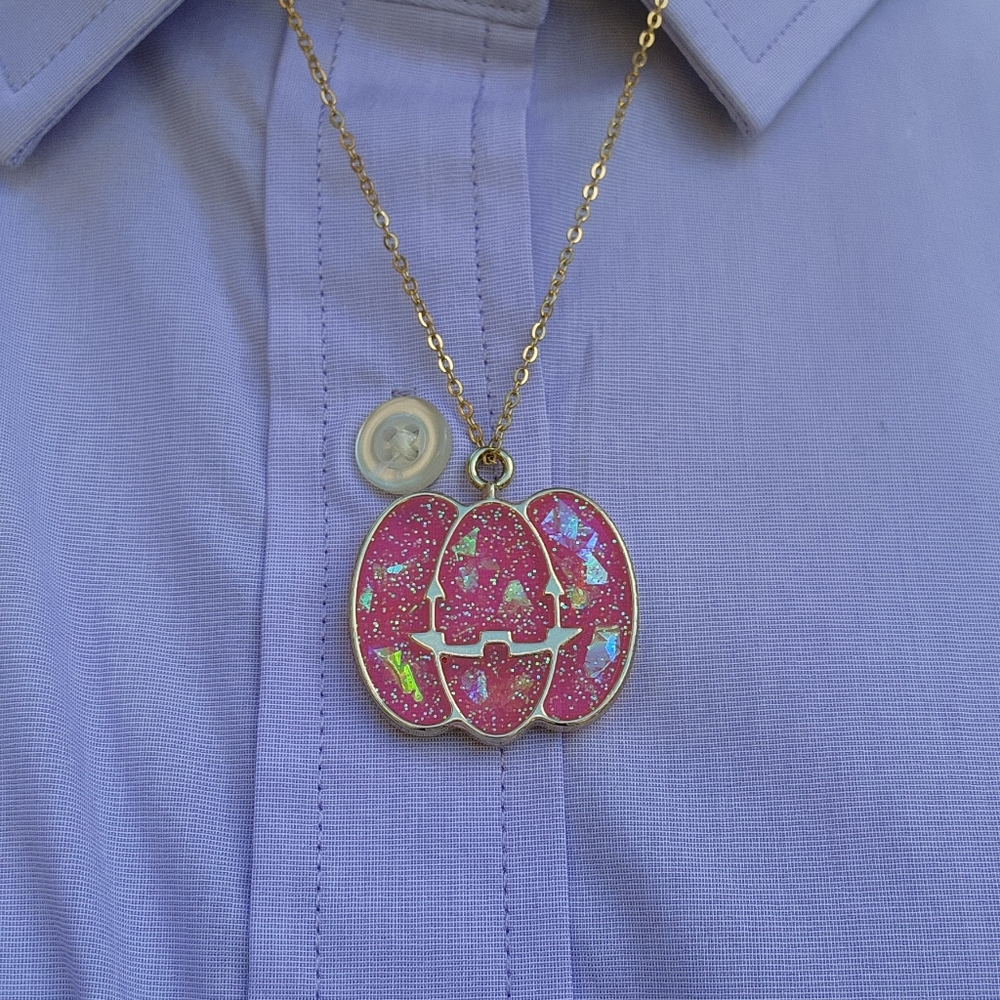 Sparkly Holographic Pink Pumpkin Jack-o-Lantern Halloween Resin Pendant